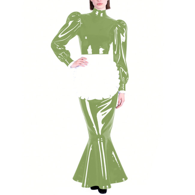 Mens Sissy PVC Glossy Mermaid Maid Dress High Neck Puff Long Sleeve Slim Fit Ruffled Long Dress with Apron Party Cosplay Outfits