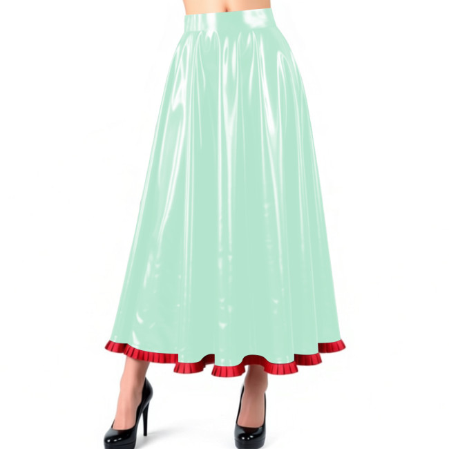 Sissy Glossy PVC Leather Pleated Maxi Skirt Shiny Wet Look High Waist Flared A-Line Long Skirt with Ruffled Hem Nightclub Outfit