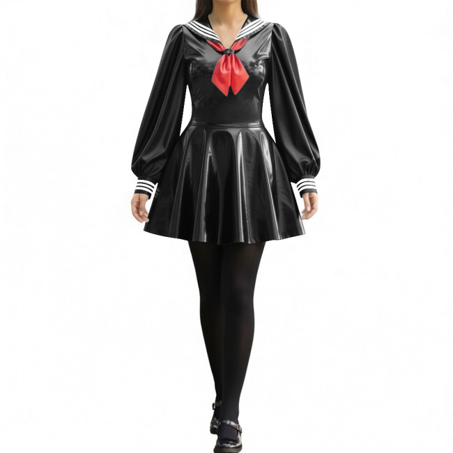 Party Sexy Pleated Sailor Collar Mini Dress for Anne Cosplay Cosutme Glossy PVC Leather Long Lantern Sleeve Short Dress with Bow