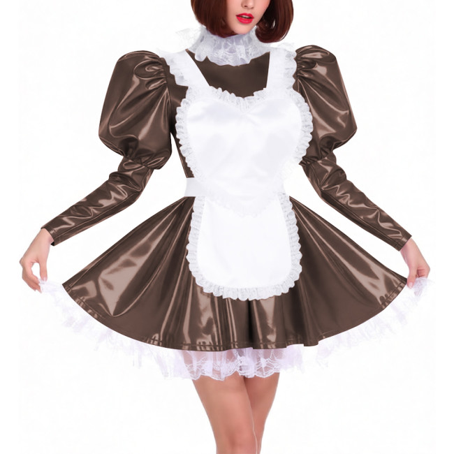 Puff Long Sleeve Glossy PVC French Miad Dress with Apron Lolita Lace Trim Pleated Cosplay Maid Uniforms Sissy Theme Party Outfit