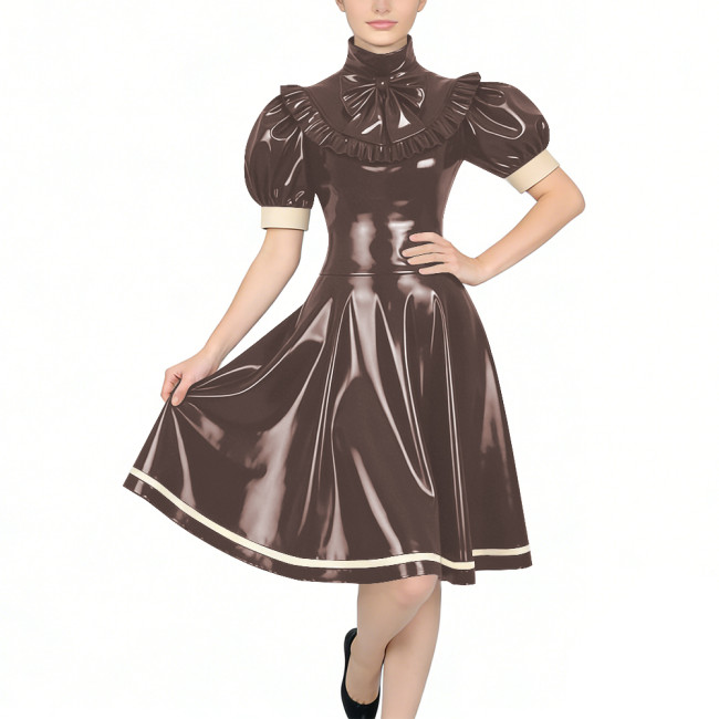 Women's Glossy PVC Vintage Style Dress Plus Size Party Knee-lenght A-line Dress Patchwork High Neck Ruffled Bow Flare Midi Dress