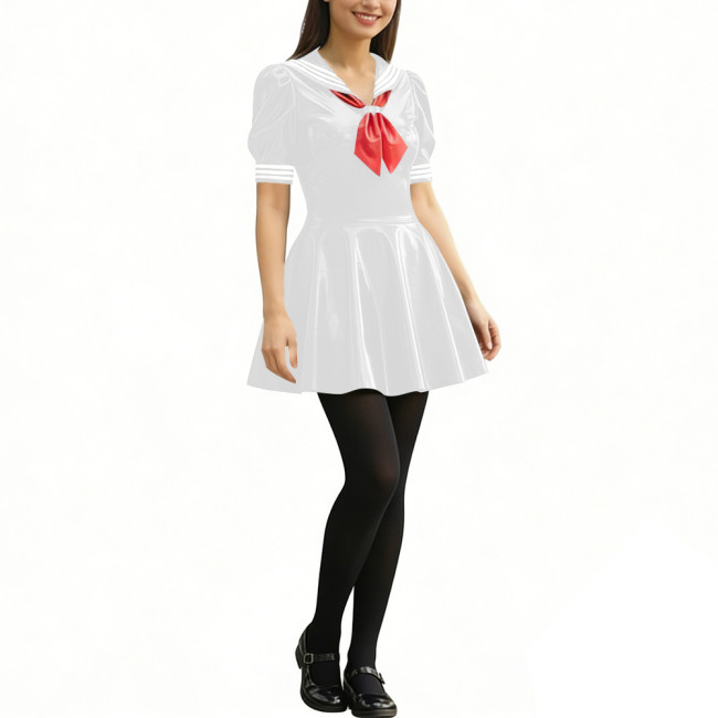 Anime Party Cosplay Sailor Mini Dress Short Sleeve Sweet Glossy PVC A-line Dress Wetlook Patent Leather Short Dress JK Uniforms