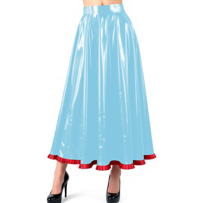 Sissy Glossy PVC Leather Pleated Maxi Skirt Shiny Wet Look High Waist Flared A-Line Long Skirt with Ruffled Hem Nightclub Outfit