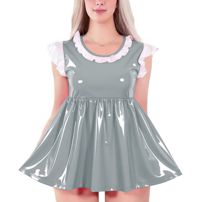Womens O-neck Glossy High Waist A-line Dress Shiny PVC Leather Sleeveless Mini Badydoll Dress for Party Club Cosplay Nightwear