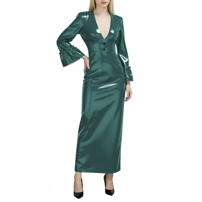 Women's Glossy PVC Leather Maxi Dress Sexy Deep V Neck Long Flare Sleeve Slim Pencil Dress Evening Party Club Formal Long Dress