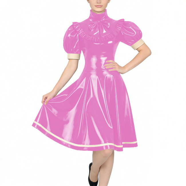 Women's Glossy PVC Vintage Style Dress Plus Size Party Knee-lenght A-line Dress Patchwork High Neck Ruffled Bow Flare Midi Dress
