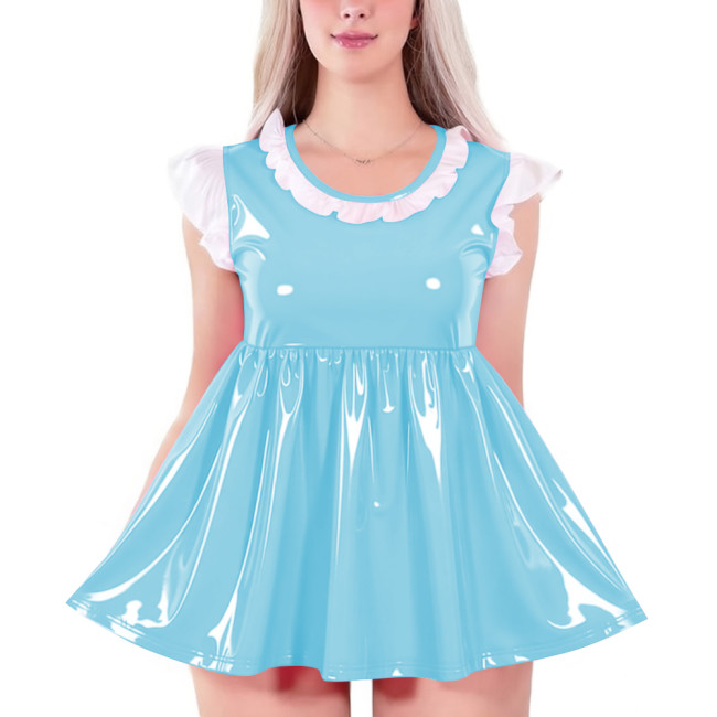Womens O-neck Glossy High Waist A-line Dress Shiny PVC Leather Sleeveless Mini Badydoll Dress for Party Club Cosplay Nightwear