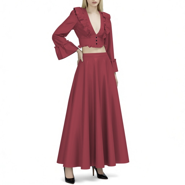 Women's Vinyl PVC Leather 2-Piece Outfit Glossy Ruffled Deep V Neck Crop Top and High Waist Flared Maxi Skirt Party Set for Club