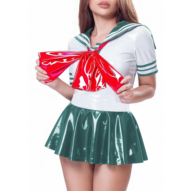 Sexy Womens Shiny PVC Sailor Dress Wetlook Short Sleeve Pleated Mini Dress Lolita Style Role Play Outfit for Halloween Party
