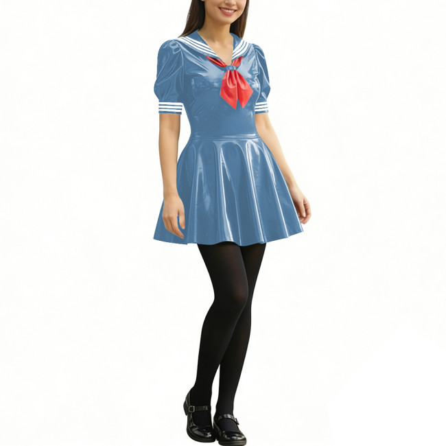Anime Party Cosplay Sailor Mini Dress Short Sleeve Sweet Glossy PVC A-line Dress Wetlook Patent Leather Short Dress JK Uniforms