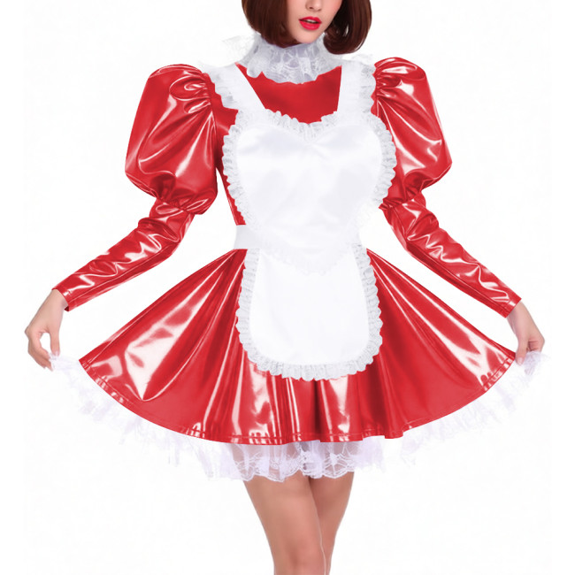 Puff Long Sleeve Glossy PVC French Miad Dress with Apron Lolita Lace Trim Pleated Cosplay Maid Uniforms Sissy Theme Party Outfit