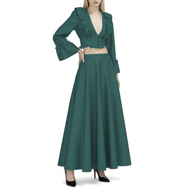 Women's Vinyl PVC Leather 2-Piece Outfit Glossy Ruffled Deep V Neck Crop Top and High Waist Flared Maxi Skirt Party Set for Club