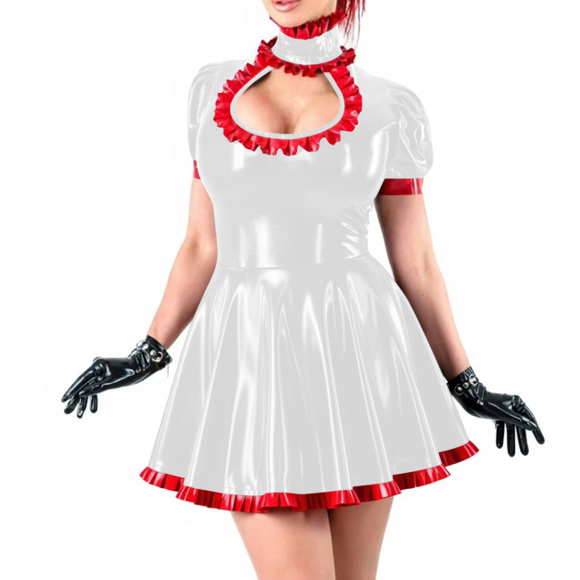 Sissy Sexy Ruffles High Neck A-line Mini Dress Vinyl PVC Leather Hollow Out Chest Short Flared Skater Dress for Party Outfits