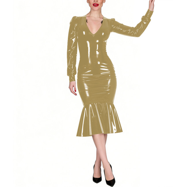 Office Ladies Sexy V-neck Glossy PVC Leather Dress Wetlook Party Long Sleeves Bodycon Mermad Dress Coctail Retro Gown Plus Size