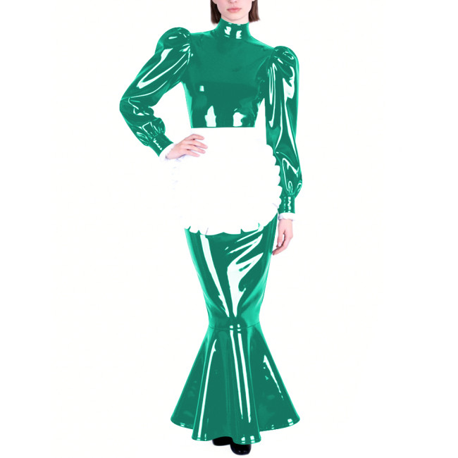 Mens Sissy PVC Glossy Mermaid Maid Dress High Neck Puff Long Sleeve Slim Fit Ruffled Long Dress with Apron Party Cosplay Outfits