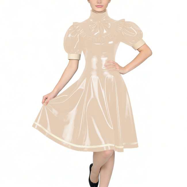 Women's Glossy PVC Vintage Style Dress Plus Size Party Knee-lenght A-line Dress Patchwork High Neck Ruffled Bow Flare Midi Dress