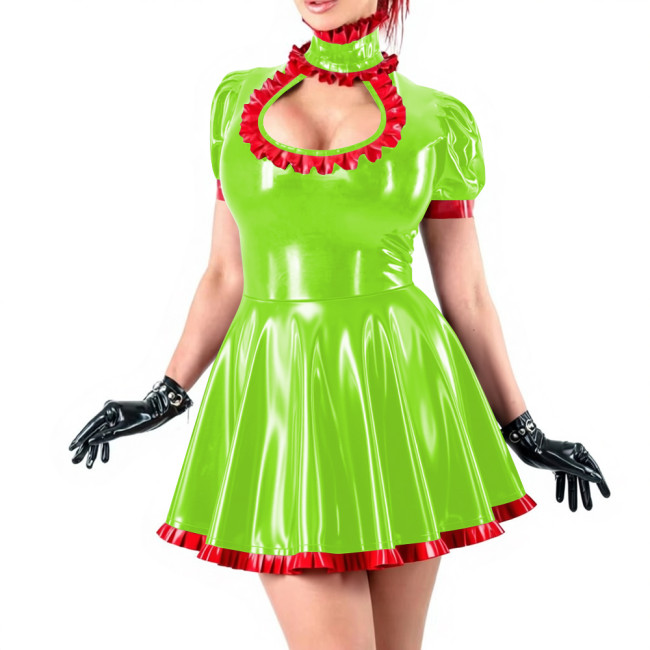Sissy Sexy Ruffles High Neck A-line Mini Dress Vinyl PVC Leather Hollow Out Chest Short Flared Skater Dress for Party Outfits