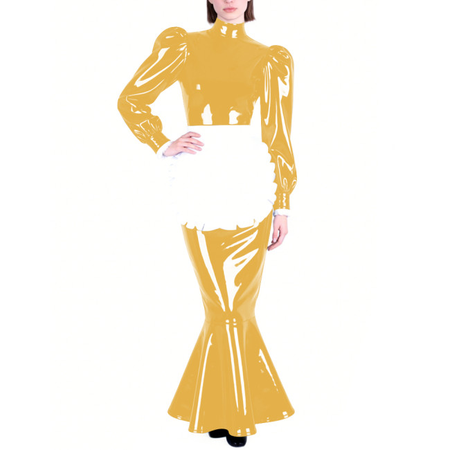 Mens Sissy PVC Glossy Mermaid Maid Dress High Neck Puff Long Sleeve Slim Fit Ruffled Long Dress with Apron Party Cosplay Outfits