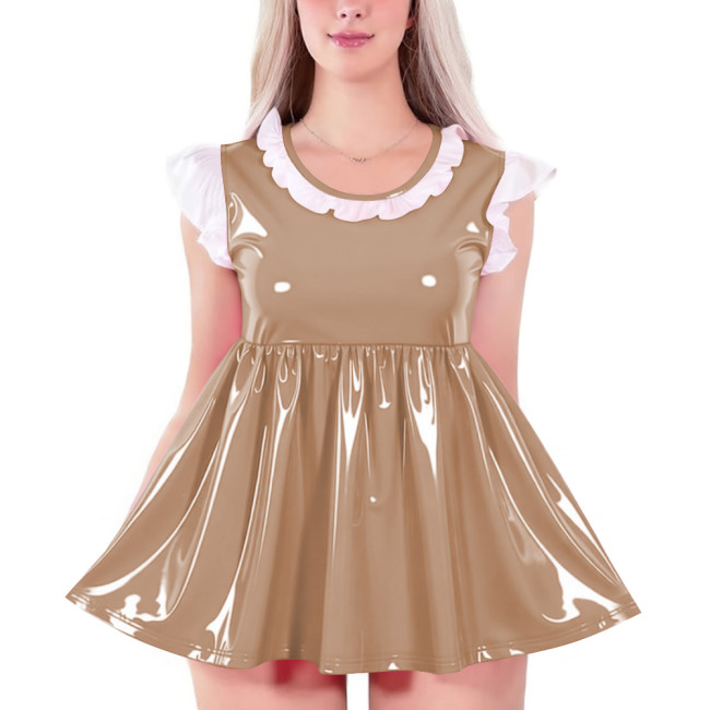Womens O-neck Glossy High Waist A-line Dress Shiny PVC Leather Sleeveless Mini Badydoll Dress for Party Club Cosplay Nightwear