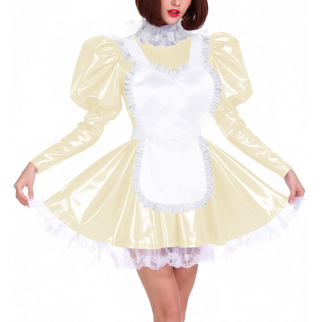 Puff Long Sleeve Glossy PVC French Miad Dress with Apron Lolita Lace Trim Pleated Cosplay Maid Uniforms Sissy Theme Party Outfit