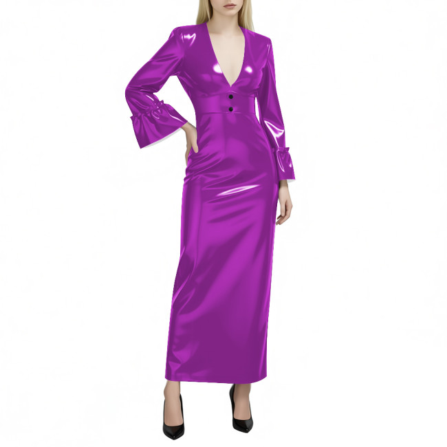 Women's Glossy PVC Leather Maxi Dress Sexy Deep V Neck Long Flare Sleeve Slim Pencil Dress Evening Party Club Formal Long Dress