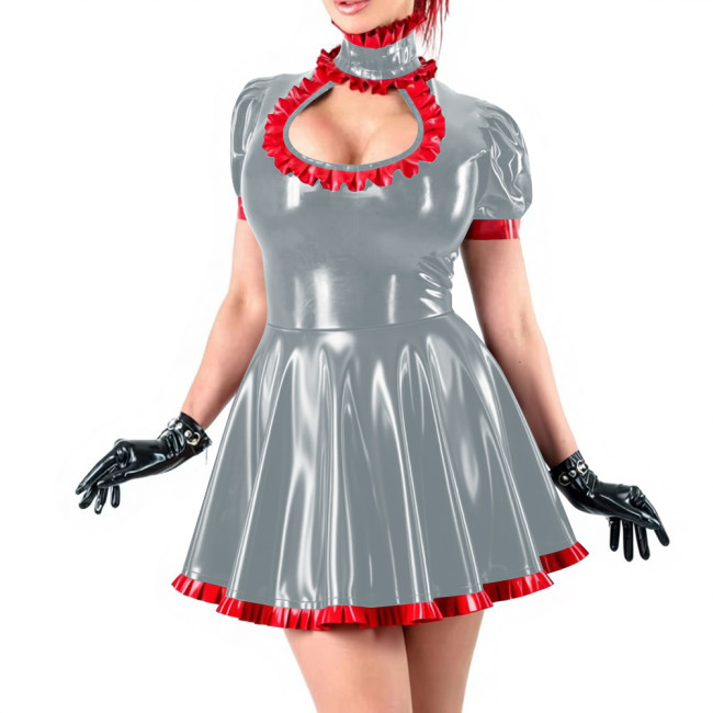 Sissy Sexy Ruffles High Neck A-line Mini Dress Vinyl PVC Leather Hollow Out Chest Short Flared Skater Dress for Party Outfits