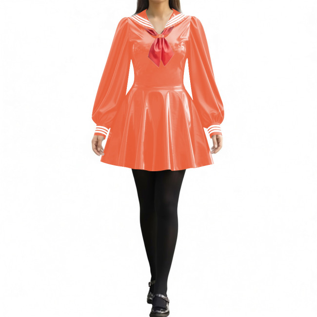 Party Sexy Pleated Sailor Collar Mini Dress for Anne Cosplay Cosutme Glossy PVC Leather Long Lantern Sleeve Short Dress with Bow
