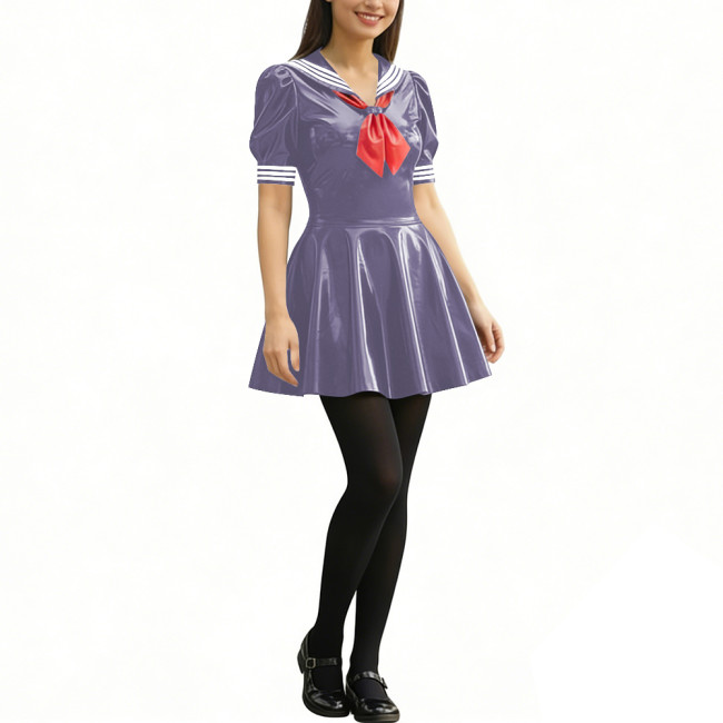 Anime Party Cosplay Sailor Mini Dress Short Sleeve Sweet Glossy PVC A-line Dress Wetlook Patent Leather Short Dress JK Uniforms