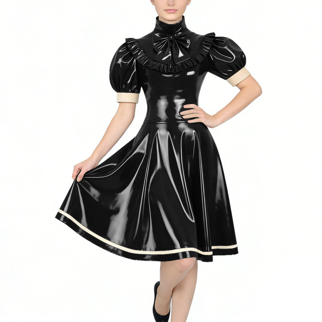 Women's Glossy PVC Vintage Style Dress Plus Size Party Knee-lenght A-line Dress Patchwork High Neck Ruffled Bow Flare Midi Dress