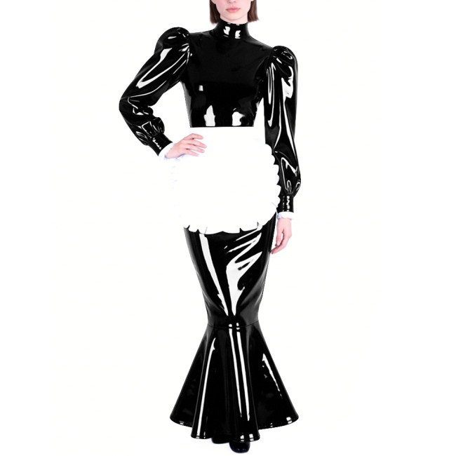Mens Sissy PVC Glossy Mermaid Maid Dress High Neck Puff Long Sleeve Slim Fit Ruffled Long Dress with Apron Party Cosplay Outfits