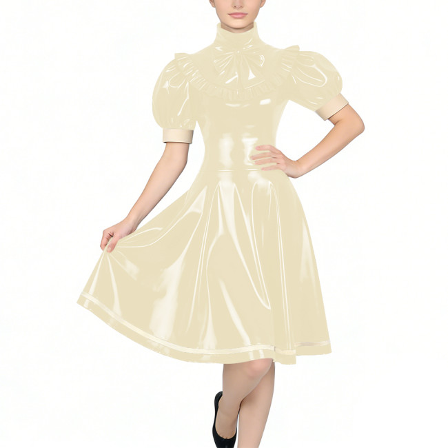 Women's Glossy PVC Vintage Style Dress Plus Size Party Knee-lenght A-line Dress Patchwork High Neck Ruffled Bow Flare Midi Dress