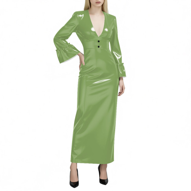 Women's Glossy PVC Leather Maxi Dress Sexy Deep V Neck Long Flare Sleeve Slim Pencil Dress Evening Party Club Formal Long Dress