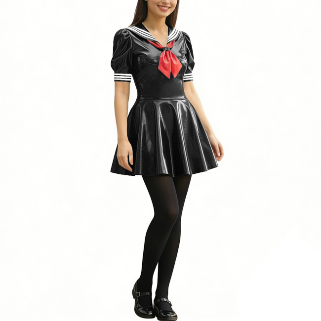 Anime Party Cosplay Sailor Mini Dress Short Sleeve Sweet Glossy PVC A-line Dress Wetlook Patent Leather Short Dress JK Uniforms