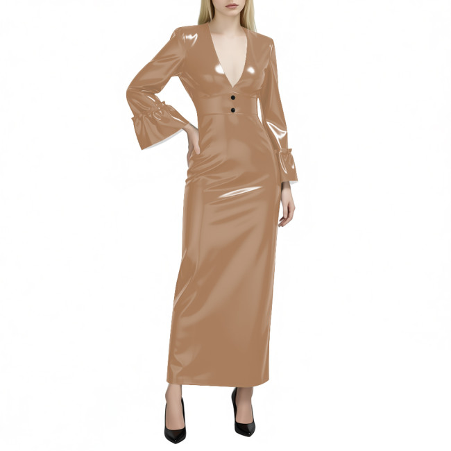Women's Glossy PVC Leather Maxi Dress Sexy Deep V Neck Long Flare Sleeve Slim Pencil Dress Evening Party Club Formal Long Dress