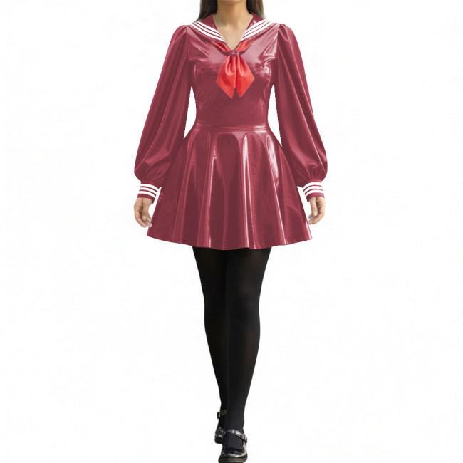 Party Sexy Pleated Sailor Collar Mini Dress for Anne Cosplay Cosutme Glossy PVC Leather Long Lantern Sleeve Short Dress with Bow