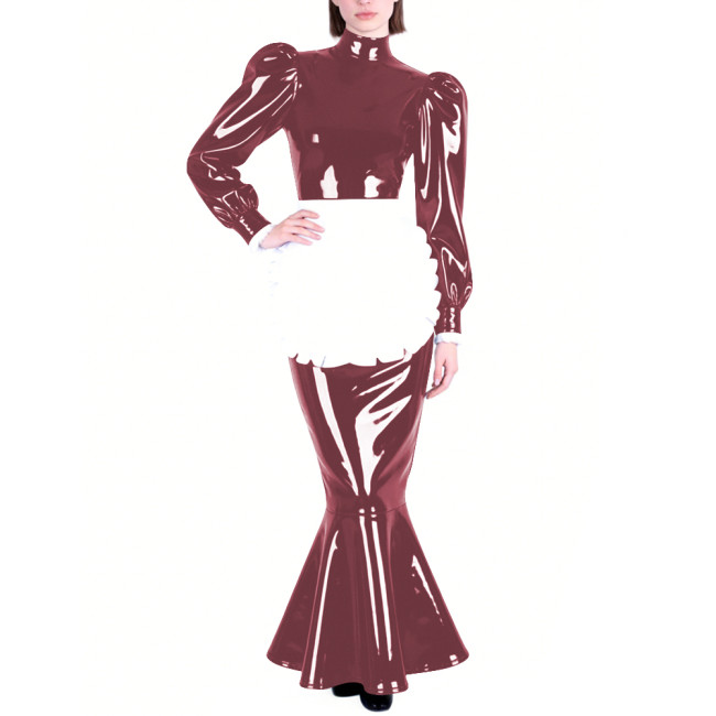 Mens Sissy PVC Glossy Mermaid Maid Dress High Neck Puff Long Sleeve Slim Fit Ruffled Long Dress with Apron Party Cosplay Outfits