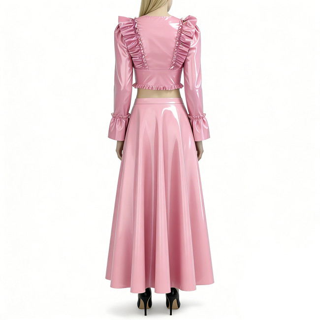 Women's Vinyl PVC Leather 2-Piece Outfit Glossy Ruffled Deep V Neck Crop Top and High Waist Flared Maxi Skirt Party Set for Club
