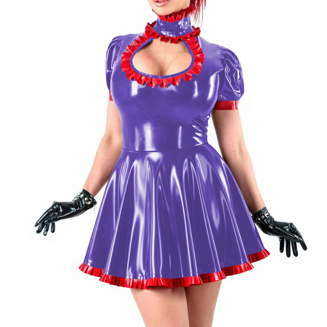 Sissy Sexy Ruffles High Neck A-line Mini Dress Vinyl PVC Leather Hollow Out Chest Short Flared Skater Dress for Party Outfits