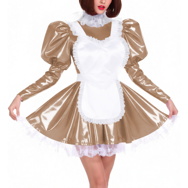 Puff Long Sleeve Glossy PVC French Miad Dress with Apron Lolita Lace Trim Pleated Cosplay Maid Uniforms Sissy Theme Party Outfit