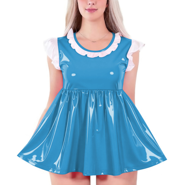 Womens O-neck Glossy High Waist A-line Dress Shiny PVC Leather Sleeveless Mini Badydoll Dress for Party Club Cosplay Nightwear