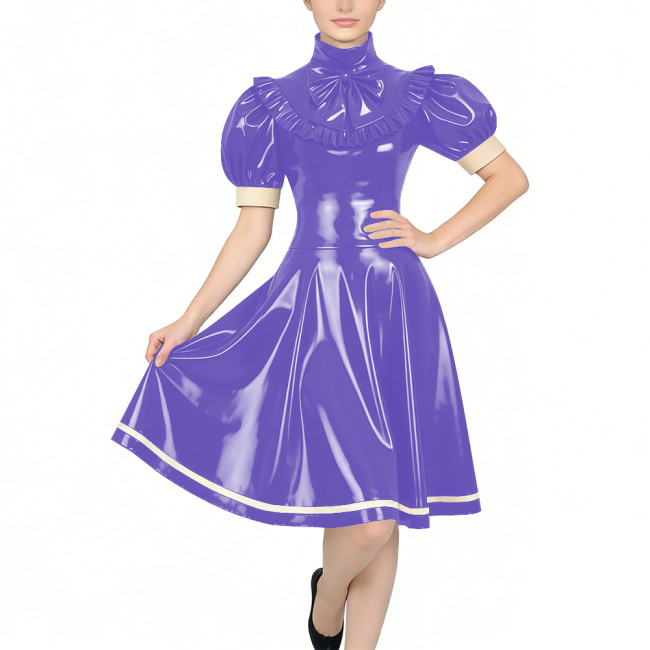 Women's Glossy PVC Vintage Style Dress Plus Size Party Knee-lenght A-line Dress Patchwork High Neck Ruffled Bow Flare Midi Dress