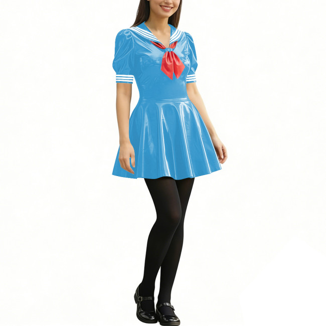 Anime Party Cosplay Sailor Mini Dress Short Sleeve Sweet Glossy PVC A-line Dress Wetlook Patent Leather Short Dress JK Uniforms