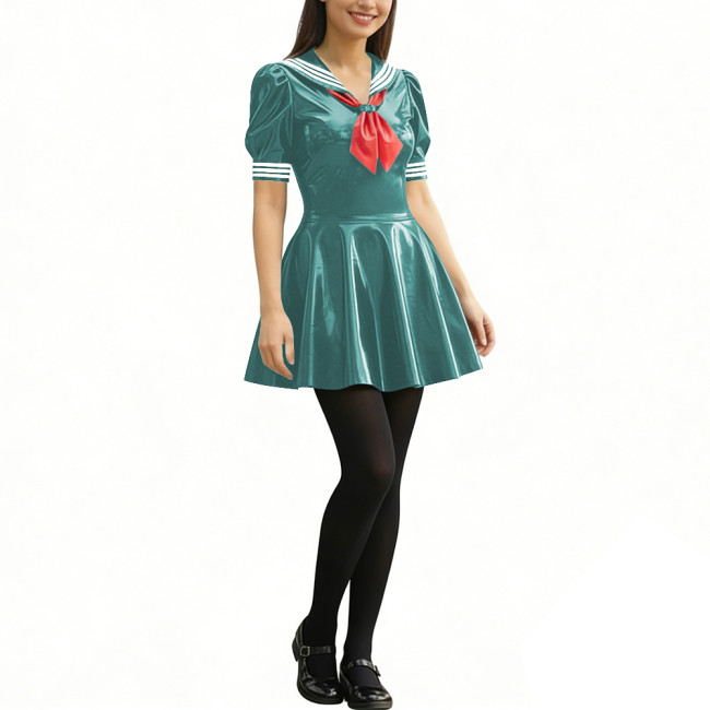 Anime Party Cosplay Sailor Mini Dress Short Sleeve Sweet Glossy PVC A-line Dress Wetlook Patent Leather Short Dress JK Uniforms