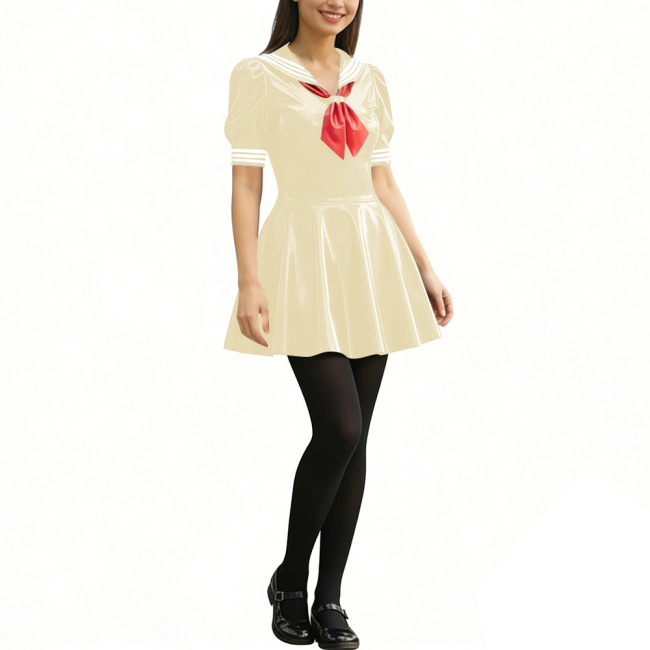 Anime Party Cosplay Sailor Mini Dress Short Sleeve Sweet Glossy PVC A-line Dress Wetlook Patent Leather Short Dress JK Uniforms