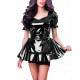 Womens Sexy Heart-shaped Neckline Mini Maid Dress Vinyl PVC Leather French Apron Maid Cosplay Outfit Halloween Role Play Uniform