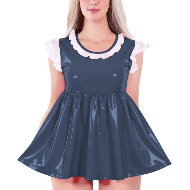 Womens O-neck Glossy High Waist A-line Dress Shiny PVC Leather Sleeveless Mini Badydoll Dress for Party Club Cosplay Nightwear