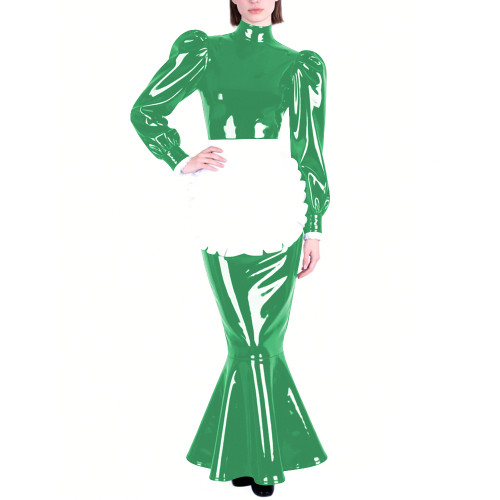 Mens Sissy PVC Glossy Mermaid Maid Dress High Neck Puff Long Sleeve Slim Fit Ruffled Long Dress with Apron Party Cosplay Outfits