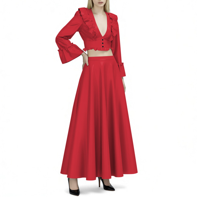 Women's Vinyl PVC Leather 2-Piece Outfit Glossy Ruffled Deep V Neck Crop Top and High Waist Flared Maxi Skirt Party Set for Club