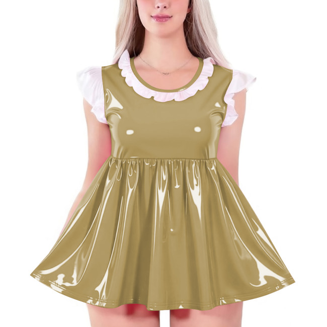 Womens O-neck Glossy High Waist A-line Dress Shiny PVC Leather Sleeveless Mini Badydoll Dress for Party Club Cosplay Nightwear