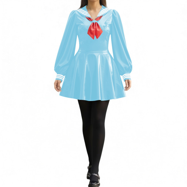 Party Sexy Pleated Sailor Collar Mini Dress for Anne Cosplay Cosutme Glossy PVC Leather Long Lantern Sleeve Short Dress with Bow